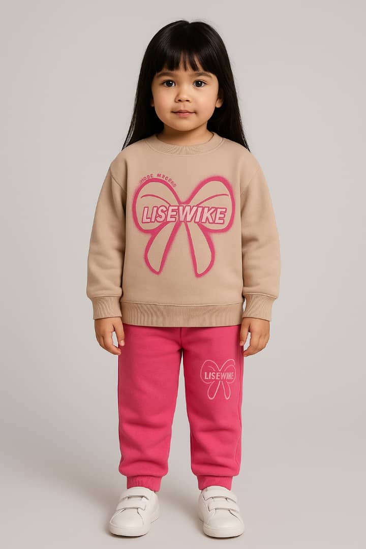 ست 2تیکه بلوز و شلوار  زمستانه دخترانه پنبه لاکرا دار با طرح پاپیون حدود سنی 2 الی 6 سال کد 1010