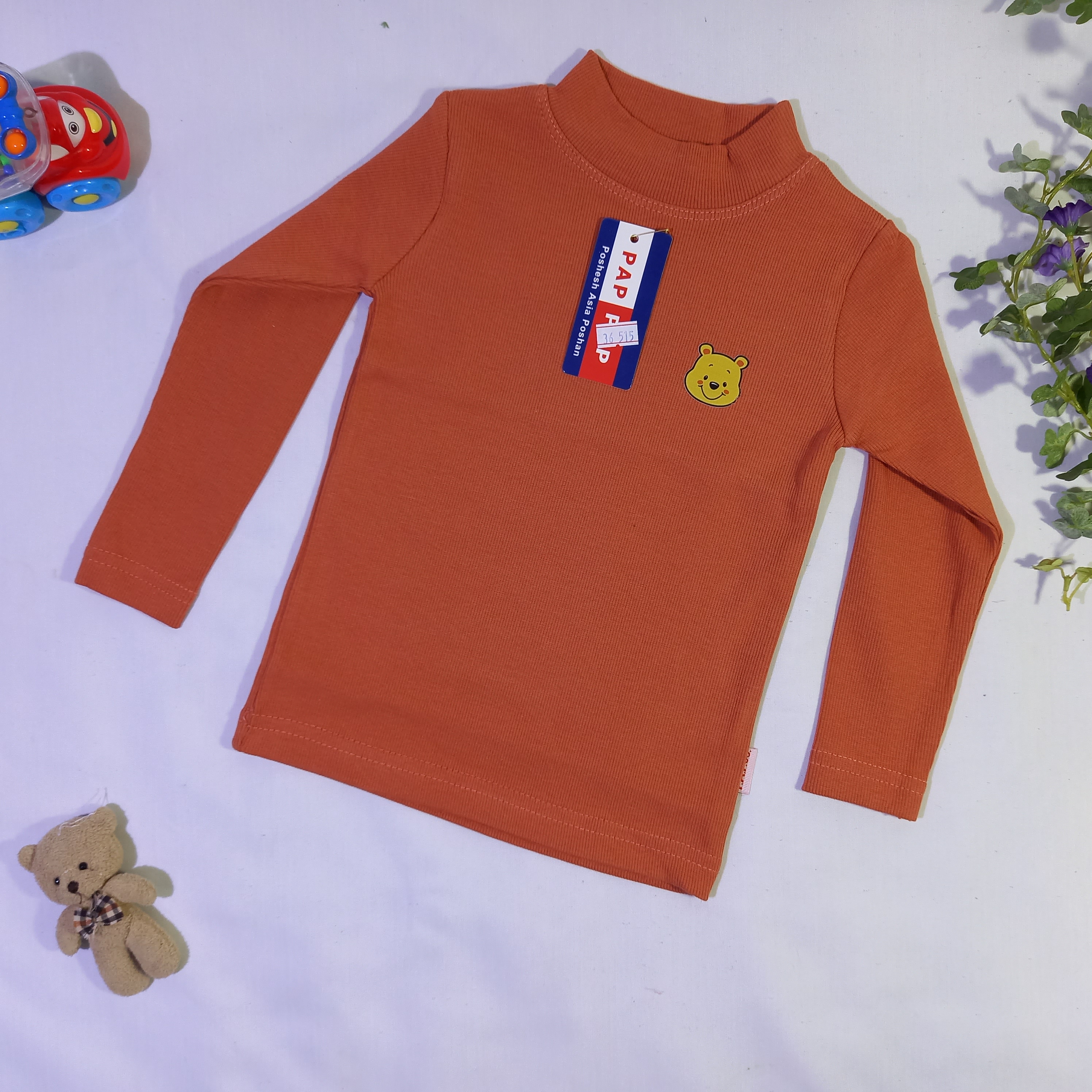 بلوز کبریتی آستین بلند پسرانه خرسی  رنگ آجری سایز 33 ، 36 کد 1020