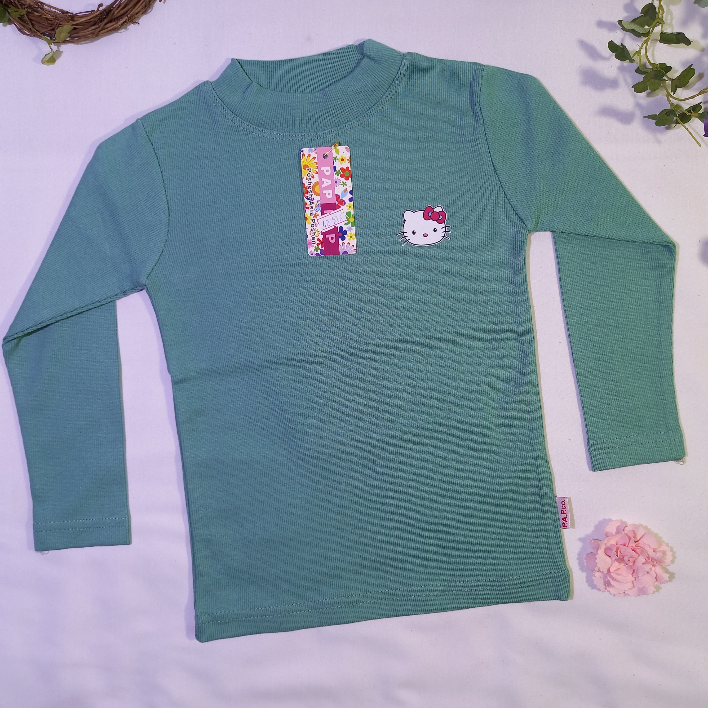 بلوز کبریتی آستین بلند دخترانه طرح کیتی رنگ سبز کله غازی سایز 40، 45 کد1023