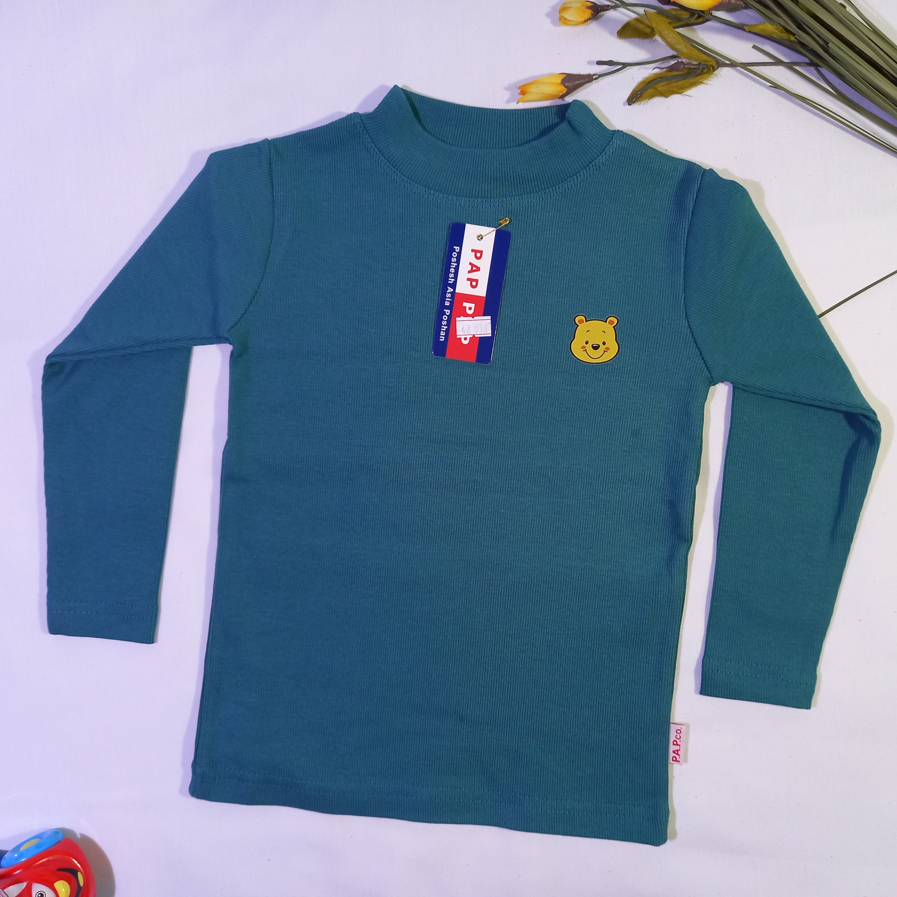 بلوز کبریتی آستین بلند پسرانه طرح خرسی رنگ سبز کله غازی یلدایی سایز 40، 45 کد 1022