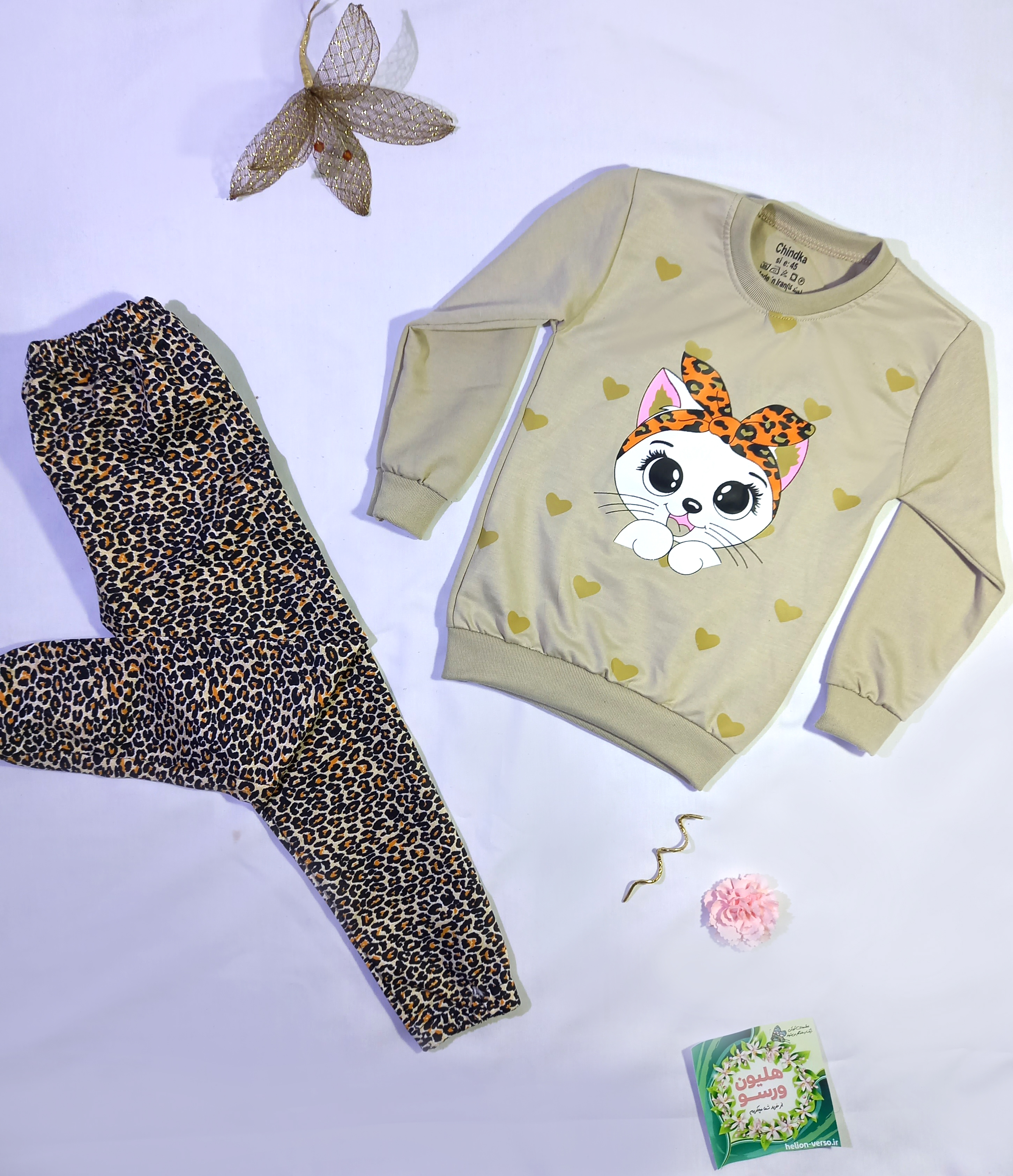 ست اقتصادی بلوز و شلوار دخترانه طرح گربه و شلوار پلنگی سایز 40 ، 45 ، 50 ، 55 کد 1071