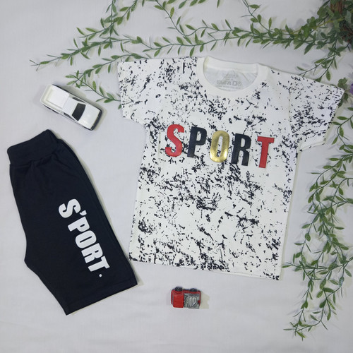 ست اقتصادی تیشرت ست تیشرت و شلوارک نوشته SPORT رنگسفید مشکی سایز 40 45 55 50 از جنس اسپان یک ست زیبا و خنک مناسب فصل بهار و تابستان برای استفاده روزمره مهدکودک مهمانی