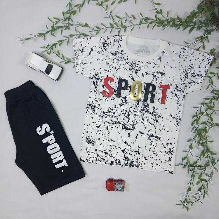 ست اقتصادی تیشرت ست تیشرت و شلوارک نوشته SPORT رنگسفید مشکی سایز 40 45 55 50 از جنس اسپان یک ست زیبا و خنک مناسب فصل بهار و تابستان برای استفاده روزمره مهدکودک مهمانی